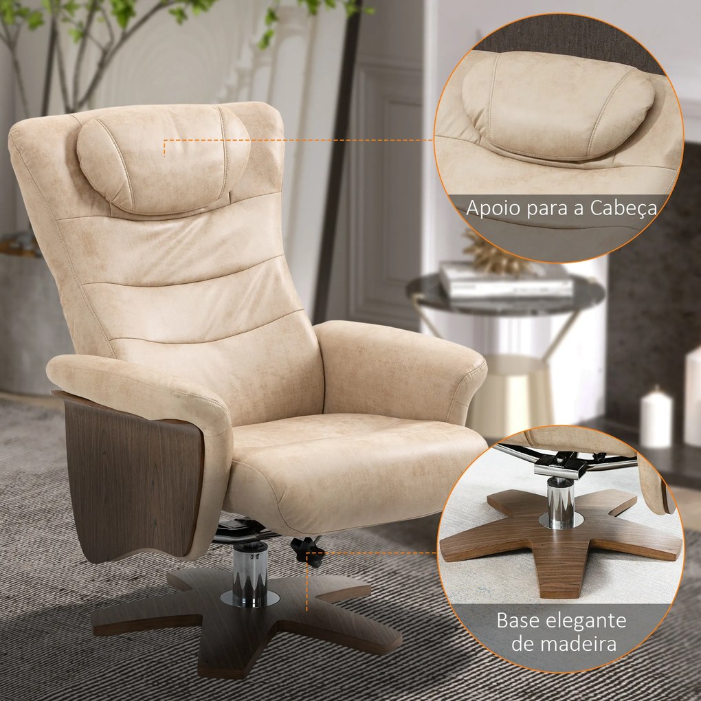 HOMCOM Poltrona Relax com Apoio para os Pés Poltrona Reclinável até 135° e Giratória 360° com Encosto Ajustável para Sala de Estar Escritório 78x83x103cm Bege