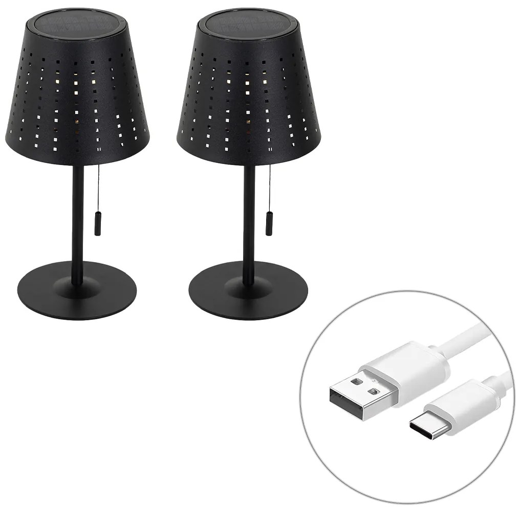 Conjunto de 2 Candeeiros de Mesa Pretos com LED Recarregável e Solar 3 Níveis de Dimmer - Ferre