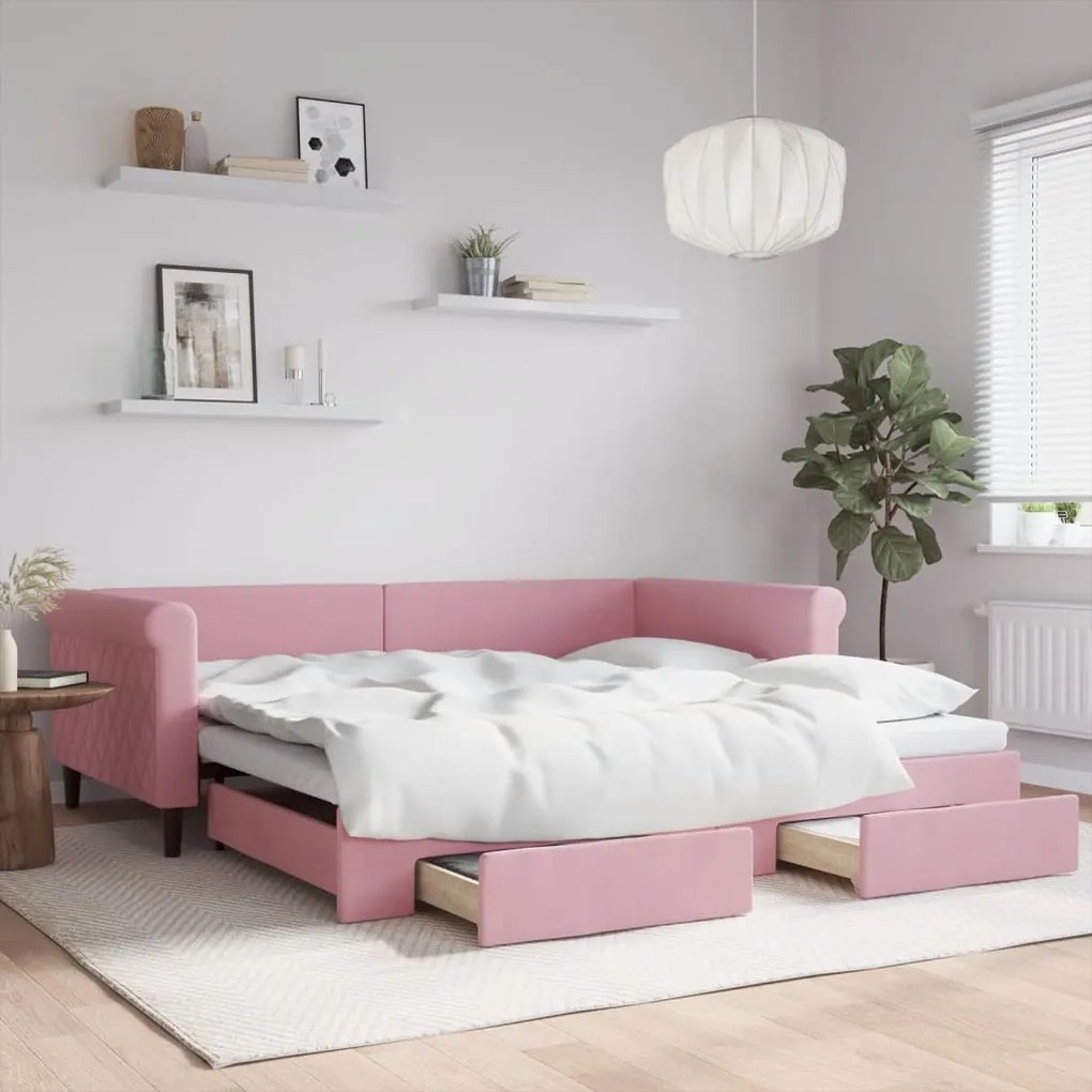 vidaXL Sofá-cama com gavetão e gavetas 100x200 cm veludo rosa