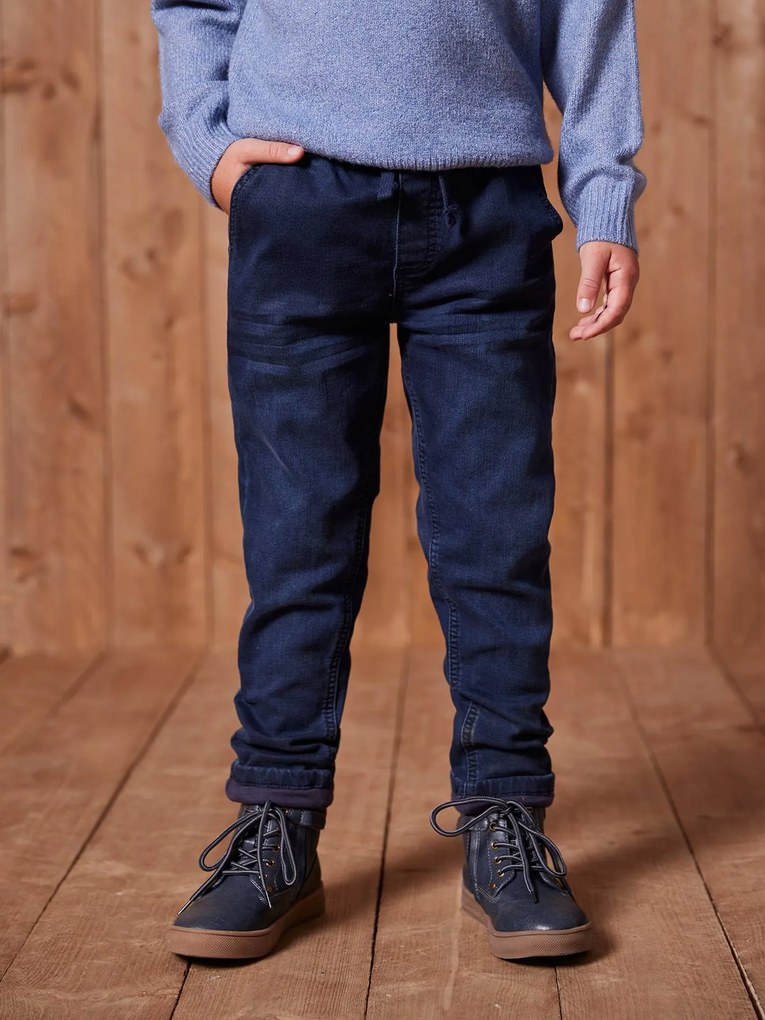 Jeans direitos com forro, fáceis de vestir, para menino azul escuro desbotado