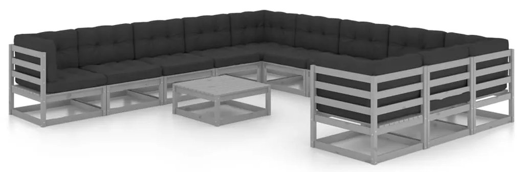 12 pcs conj. lounge de jardim + almofadões pinho maciço cinza