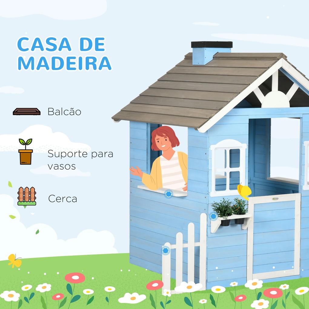 Casa de Madeira para Crianças com Porta Janelas Vasos e Cercas Laterais 151x112,5x142 cm Azul