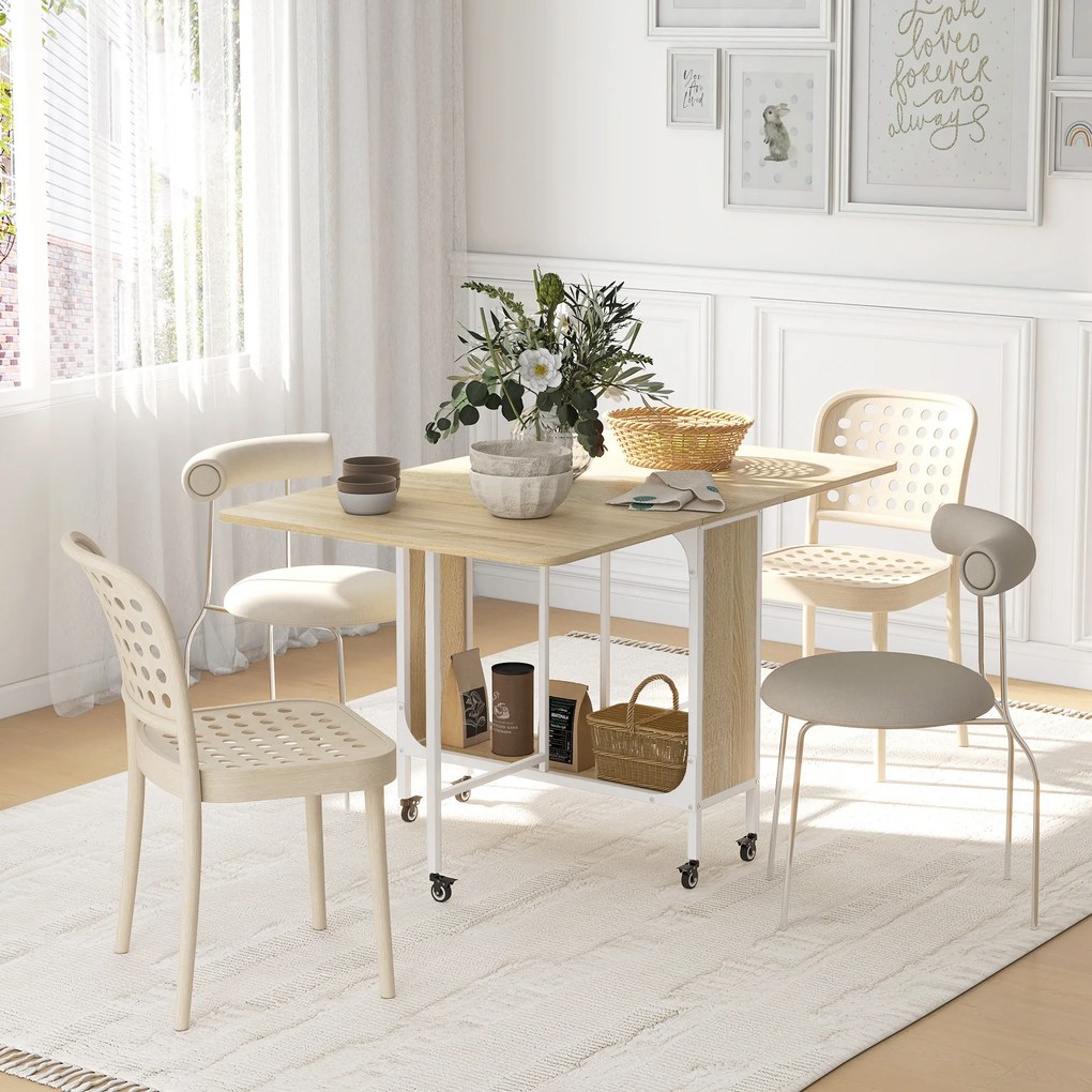 Mesa de Cozinha Dobrável Mesa de Refeição Dobrável com Rodas Laterais Abatíveis e Prateleira 130x80x74 cm Madeira e Branco