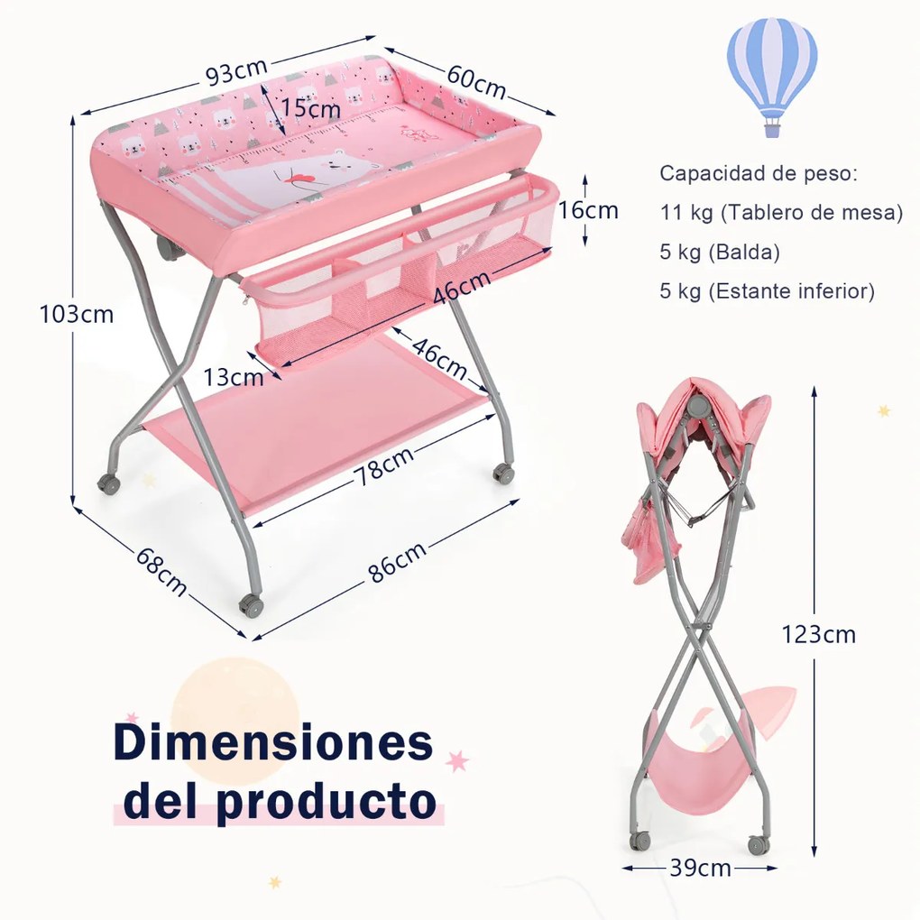 Mesa muda-fraldas para crianças com rodas dobráveis com fecho Mesa Trocador com cesto grande 93 x 68 x 103 cm Rosa