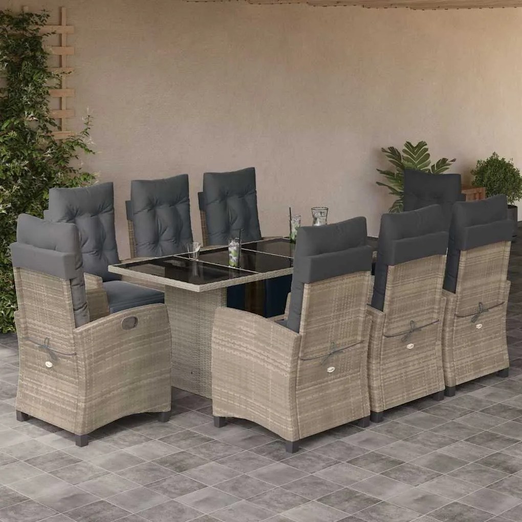 vidaXL 9 pcs conjunto de jantar p/ jardim c/ almofadões cinzento claro
