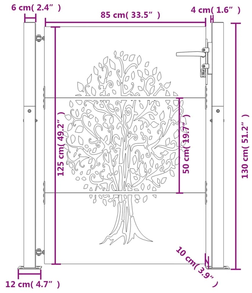 Portão de jardim 105x130 cm aço corten design árvore