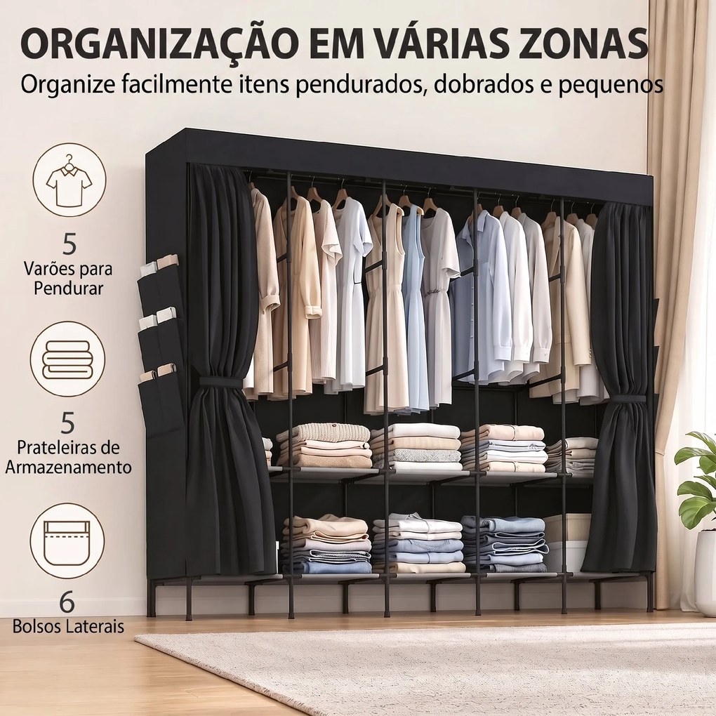 Roupeiro de Tecido com 5 Barras, 5 Prateleiras, 6 Bolsos Laterais, Fecho de Correr, Estrutura em Aço, 212x45x167 cm, Preto