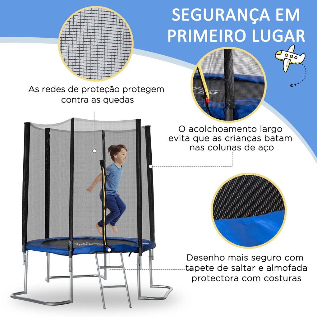 HOMCOM Trampolim de Jardim Ø223cm Trampolim para Crianças Adultos com Superfície de Salto Ø137cm Rede de Segurança Cobertura de Bordas e Escada para Exterior Azul