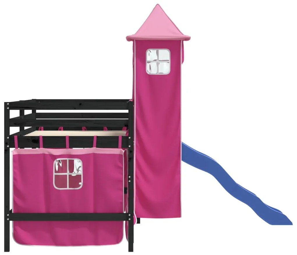 Cama alta para criança com torre 90x190 cm pinho maciço rosa