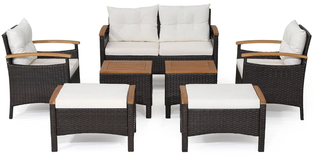 Conjunto de jardim de 7 peças em rattan com almofadas 2 Pufes e 2 mesas Tampo da mesa e apoios de braços Castanho misto e Branco