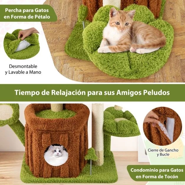 Arranhador para gatos para gatos com tronco, poleiro em forma de flor, cama, pompons, postes e painel para arranhar, verde e castanho