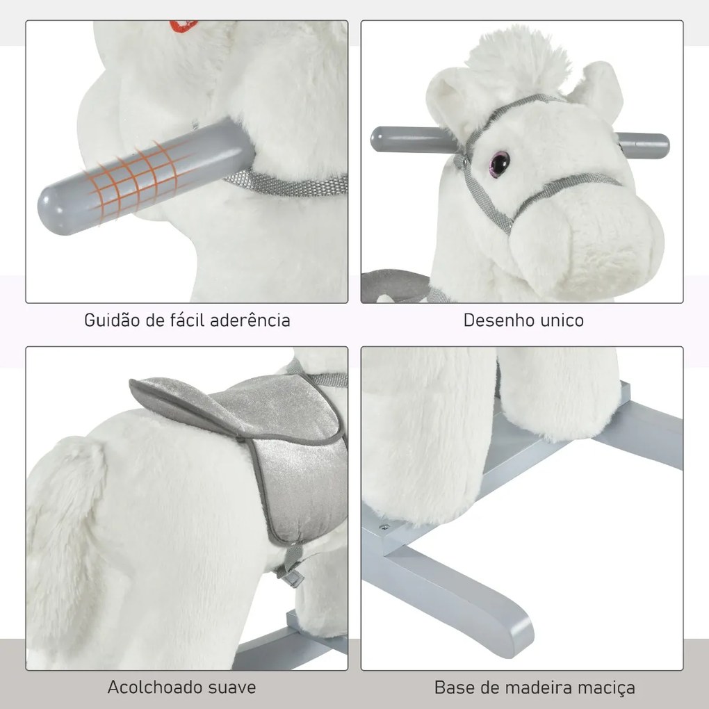 Cavalo Baloiço para Crianças de 18-36 Meses Cavalo de Balançar com Ursinho de Pelúcia Sons de Relinchos e Galopes base de Madeira 65x26x55cm Branco