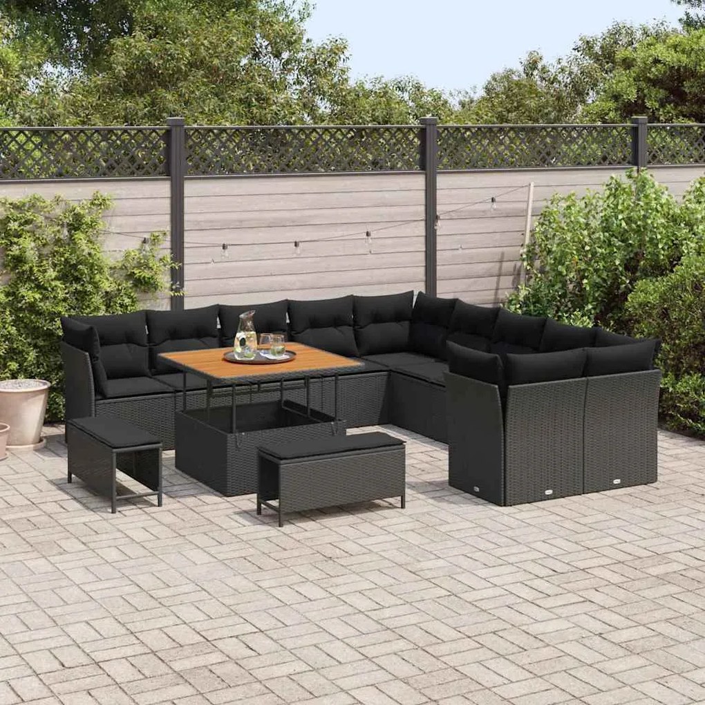 Conjunto de Sofá para Jardim vidaXL 13 Peças com Almofadas Preto Polir