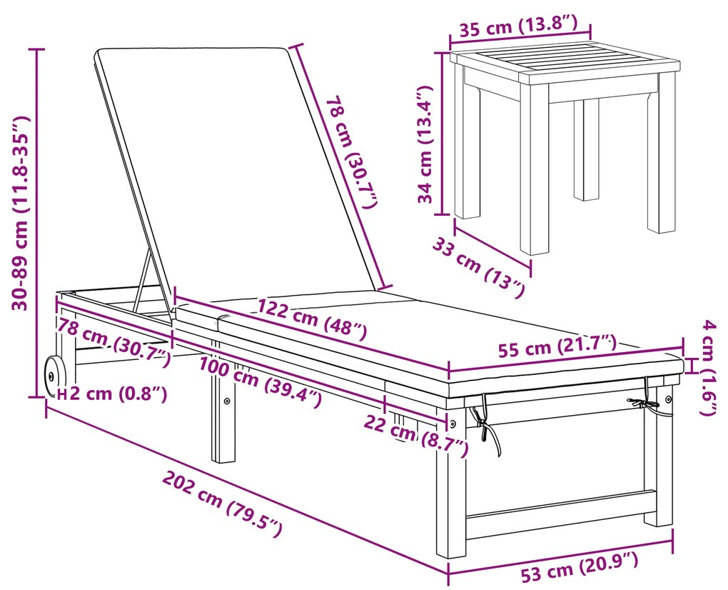 Espreguiçadeira com Mesa e Almofada de Madeira de Acácia
