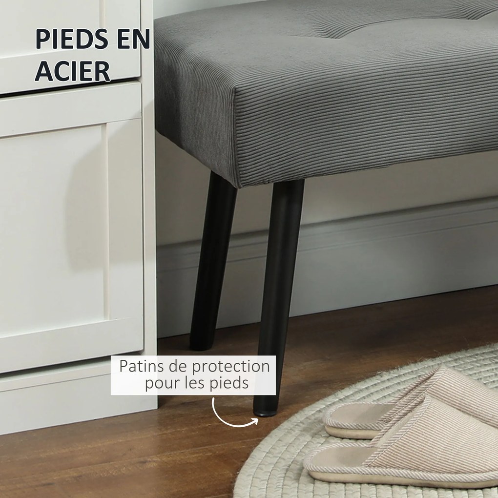 Banco para colocar ao pé da cama, estofado em veludo canelado e com pés em aço preto, capacidade de carga de 220 kg, 100 x 36 x 45 cm, cinzento