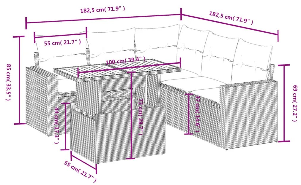 6 pcs conjunto de sofás p/ jardim com almofadões vime PE bege