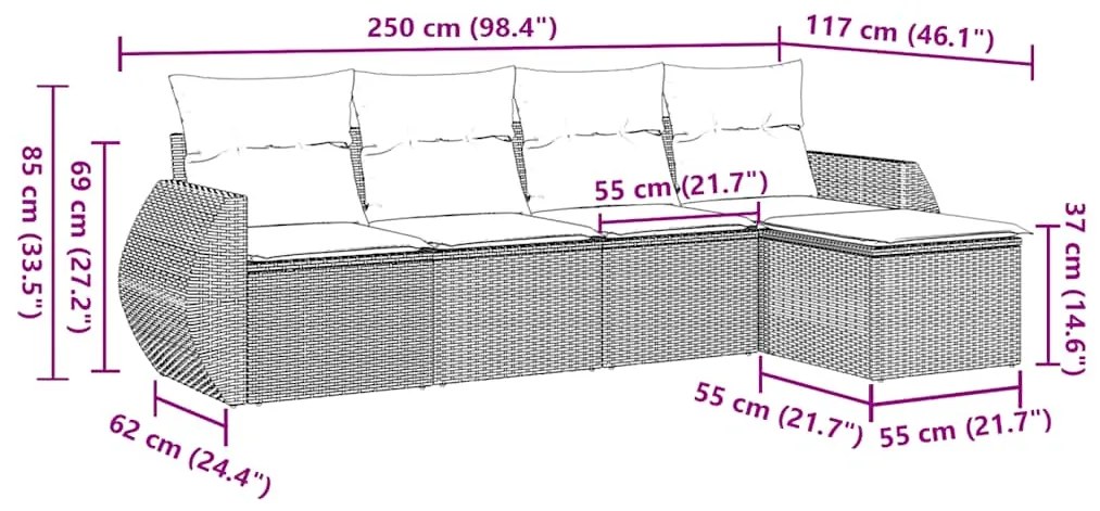 5 pcs conj. sofás jardim c/ almofadões vime PE cinzento-claro
