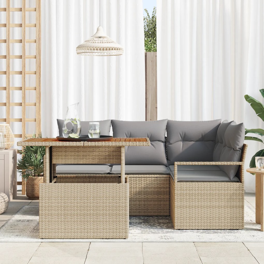 Conjunto de Sofás de Jardim vidaXL de 5 Peças com Almofadas Bege Ratta