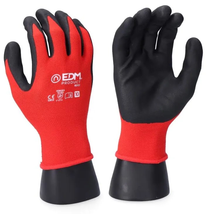 Luvas de Trabalho Edm Nylon Tátil Nitrila Industriais Vermelho Licra 9