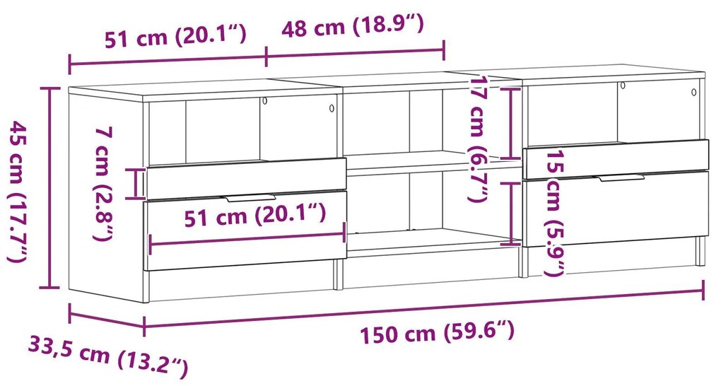 Estante para TV Carvalho Preto 150x33,5x45 cm Madeira Revestida