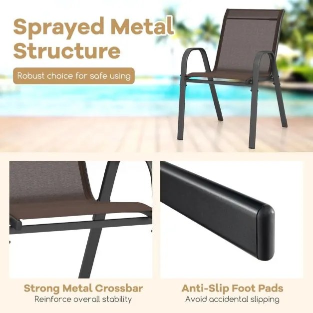 Conjunto de 4 cadeiras de jantar de jardim empilháveis Estrutura resistente ao tecido respirável Pátio exterior Praia 55 x 67 x 83 cm Castanho