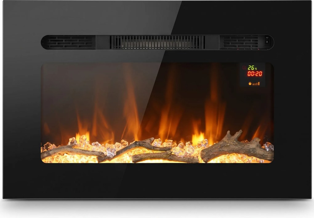 HOMCOM Lareira Elétrica 60 cm Embutida ou de Parede, 1800W, Temporizador 24 Horas, Chama Regulável, Cristais | Aosom Portugal