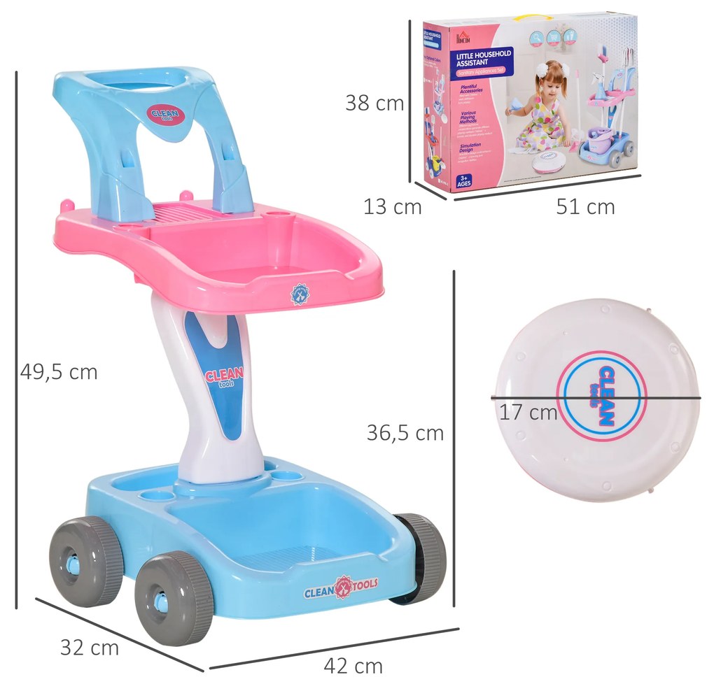 HOMCOM Carrinho de Limpeza para Crianças acima de 3 Anos com Robot Aspirador Elétrico com Luzes e Sons 23 Acessórios Incluídos 42x32x49,5cm Rosa e Azul