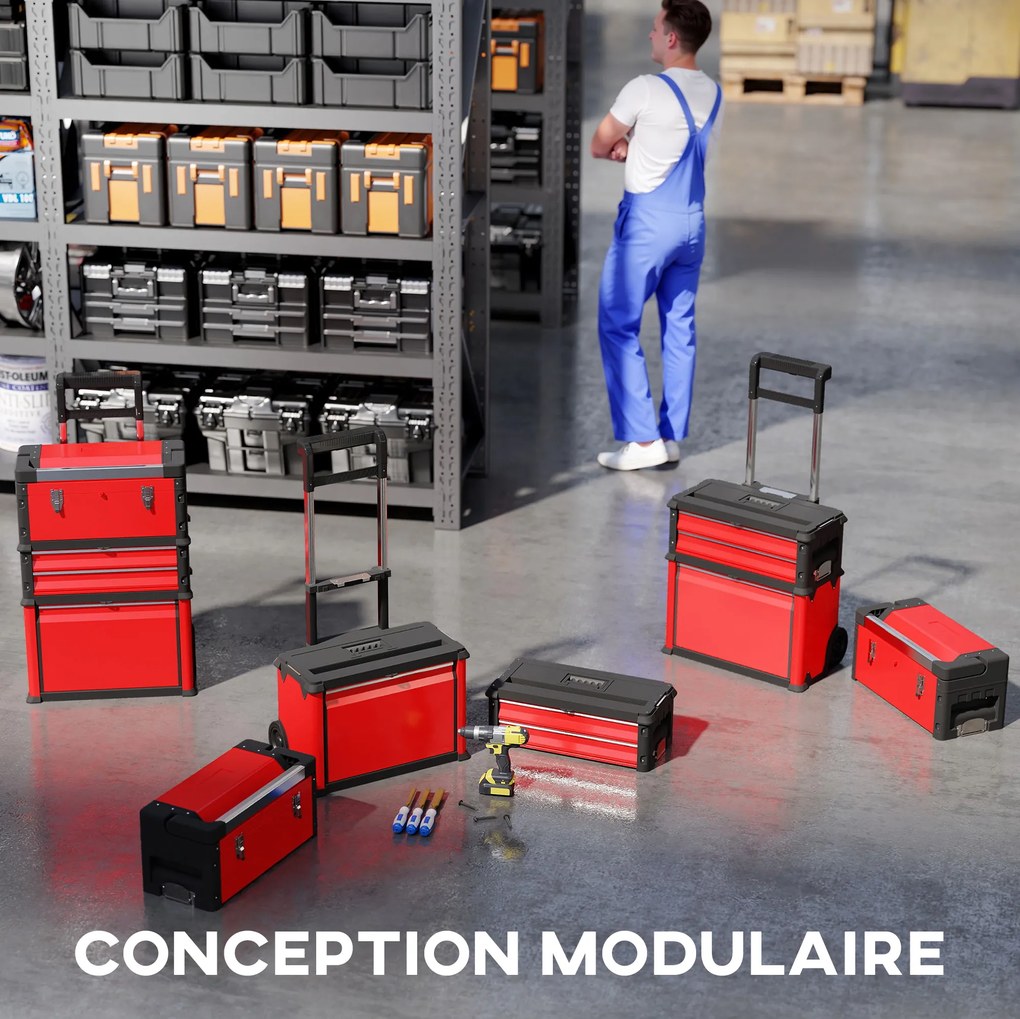 Conjunto de 3 caixas de ferramentas com rodas, empilháveis e modulares, em aço, com tabuleiro, pegas e fechadura, vermelhas