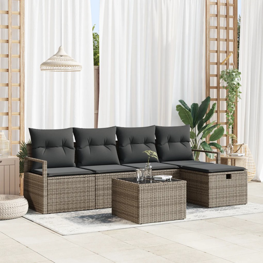 Conjunto de Sofá para Jardim de 6 Peças com Almofadas Cinza Rattan Pol