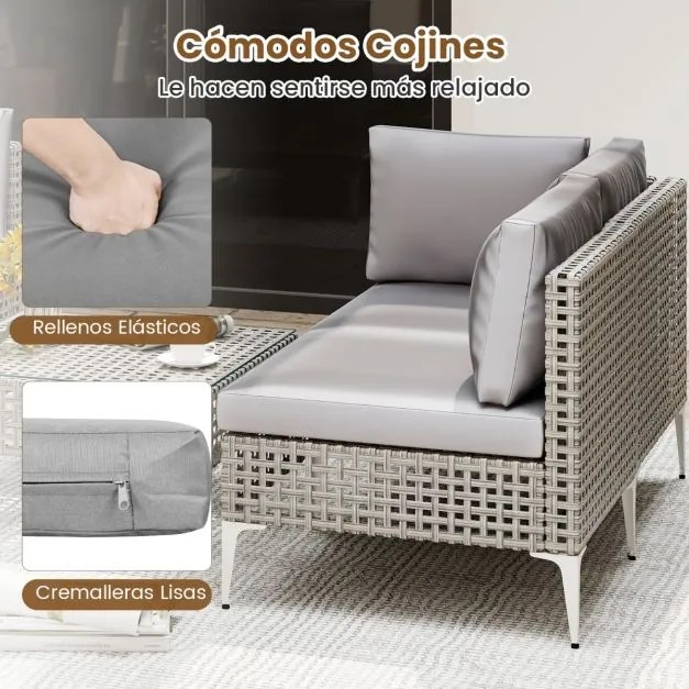 Conjunto de jardim de 5 peças em rattan com mesa de centro em vidro temperado Almofadas para assento e encosto cinza