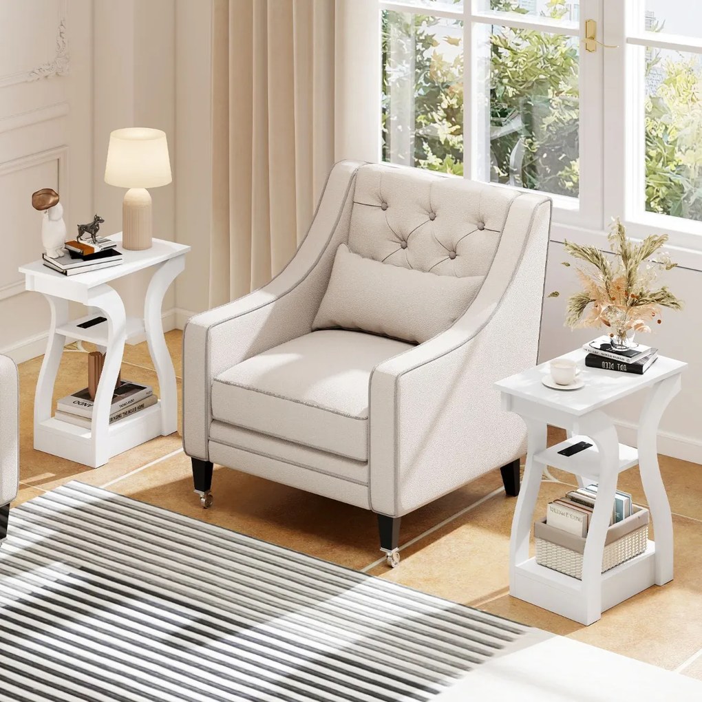 Conjunto de 2 mesas auxiliares 50 x 30 x 60,5 cm com estação de carregamento de 3 níveis com prateleiras abertas Brancas