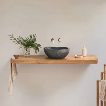 Conjunto De Móvel De Casa De Banho 130x45 Cm Suspenso Em Madeira De Teca Neill Madeira De Teca & Sem Espelho & Irregular Em Cimento Preto ↔︎40 Cm Fedr
