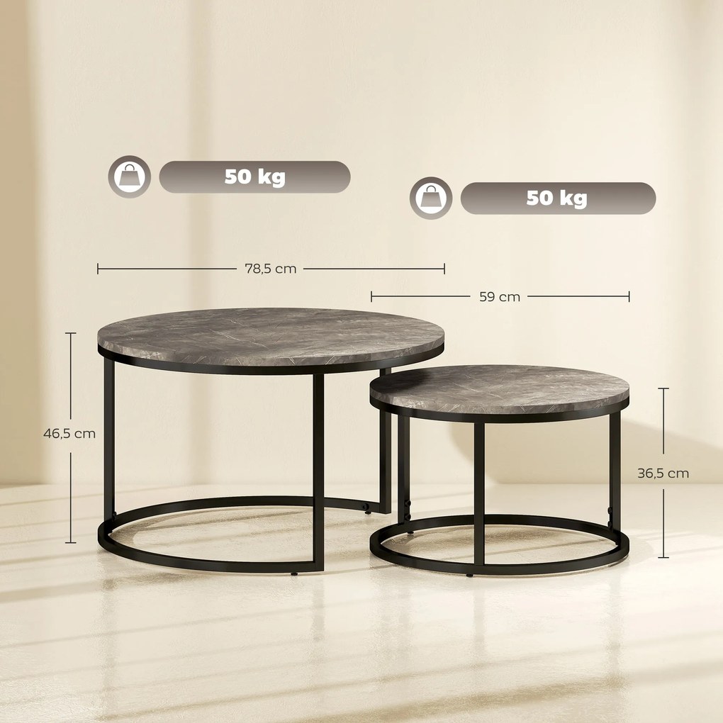Conjunto de 2 mesas baixas centro encaixáveis e empilháveis, de design industrial, com tampo em imitação de cimento e pés em metal cinzentas e pretas