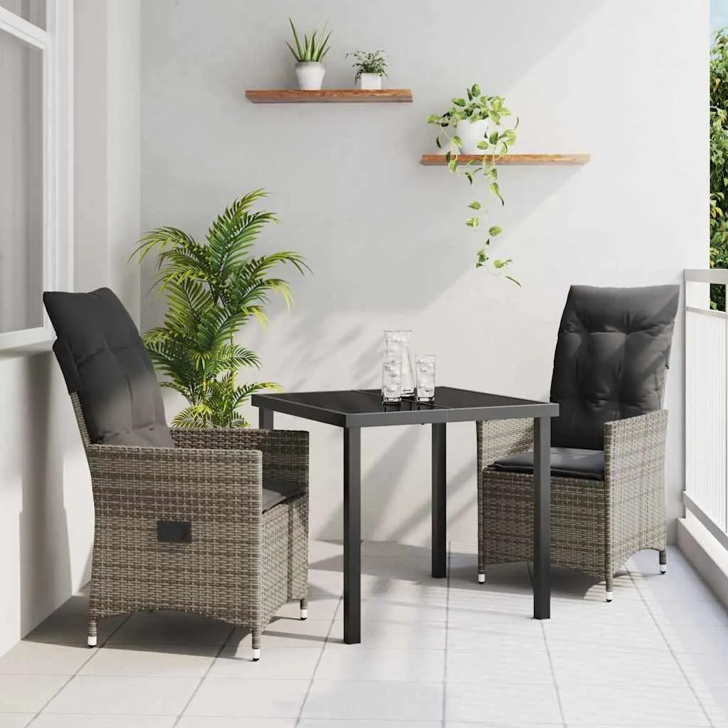 vidaXL Conjunto de Jantar de Jardim com 3 Peças e Almofadas Cinza em Rattan e Polipropileno.