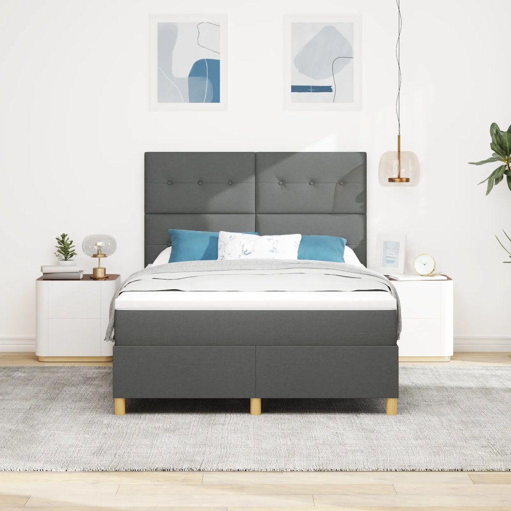 Cama com Box Spring com Colchão & LED Cinza Escuro 160x200 cm Tecido