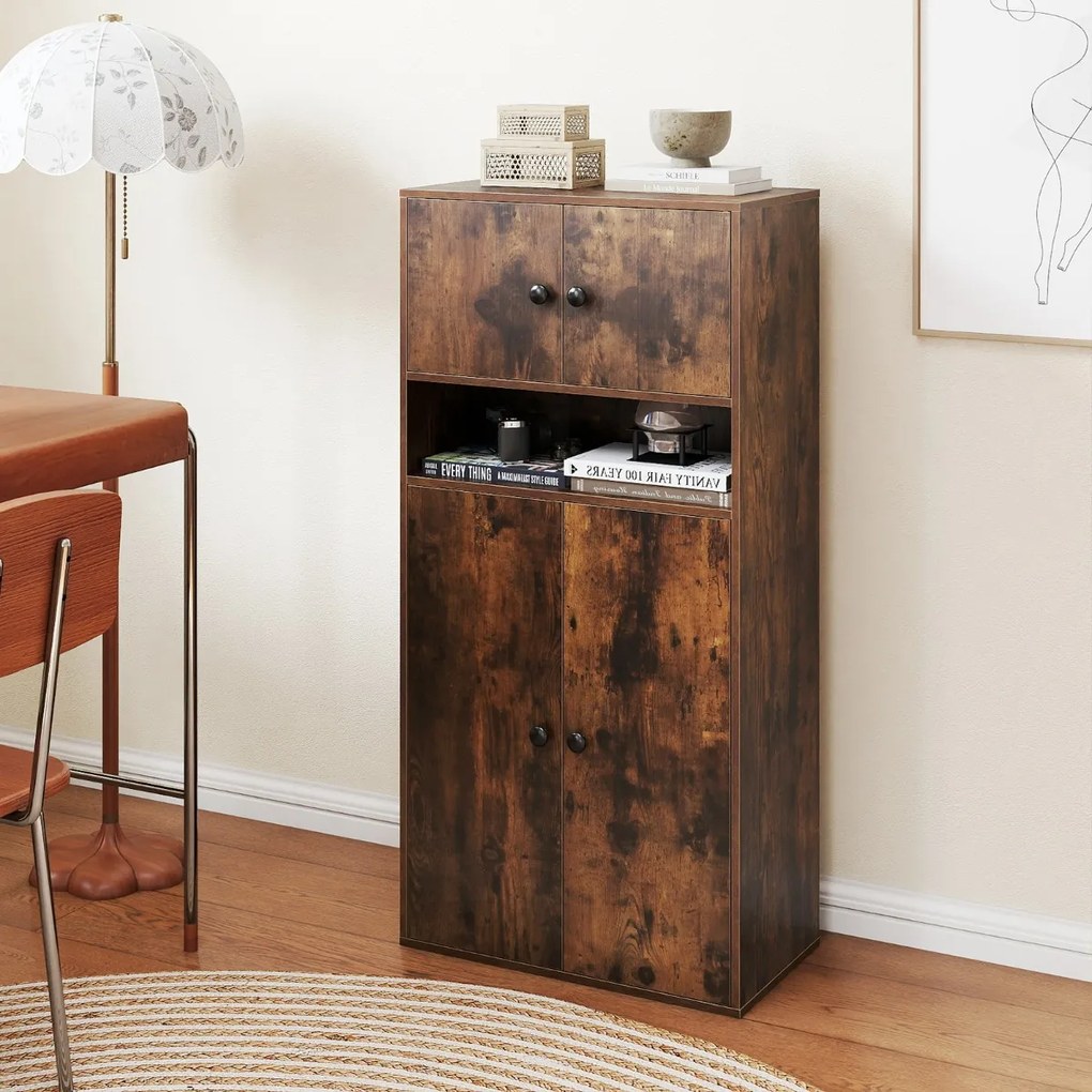 Estante com 4 portas de armazenamento moderno 54 x 30 x 111 cm de 4 níveis com prateleiras ajustáveis Castanho