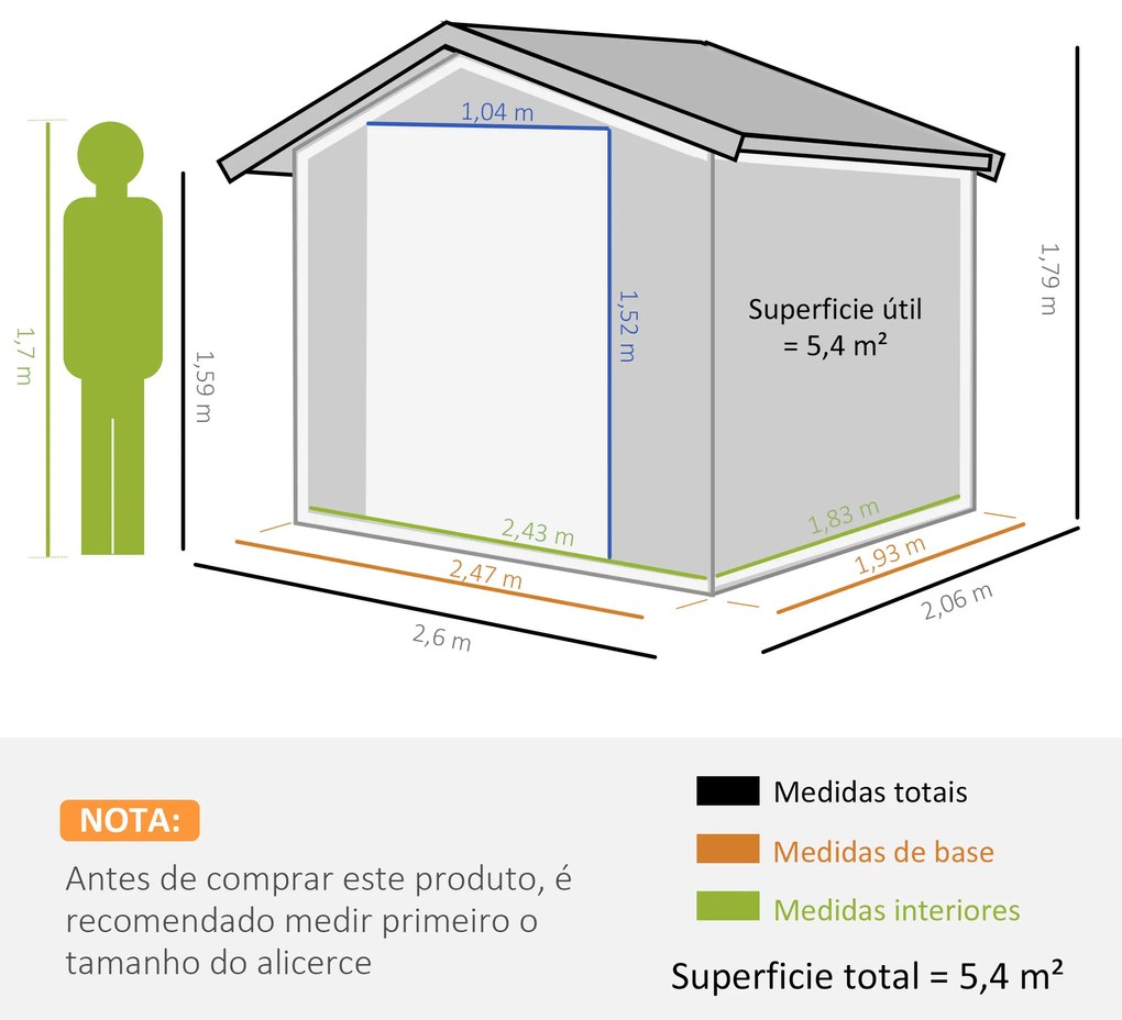 Outsunny Abrigo de Jardim 260x206x179cm 4,7m² Abrigo de Aço Galvanizado com Portas de Correr e Ventilações para Armazenamento de Ferramentas Verde