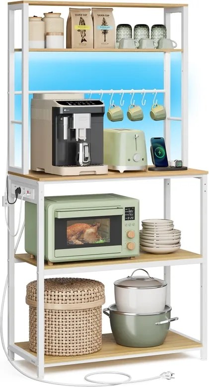 Armário de cozinha com iluminação e 3 tomadas, 1 porta USB-A e 1 porta USB-C 40 x 80 x 168,4 cm Branco e natural