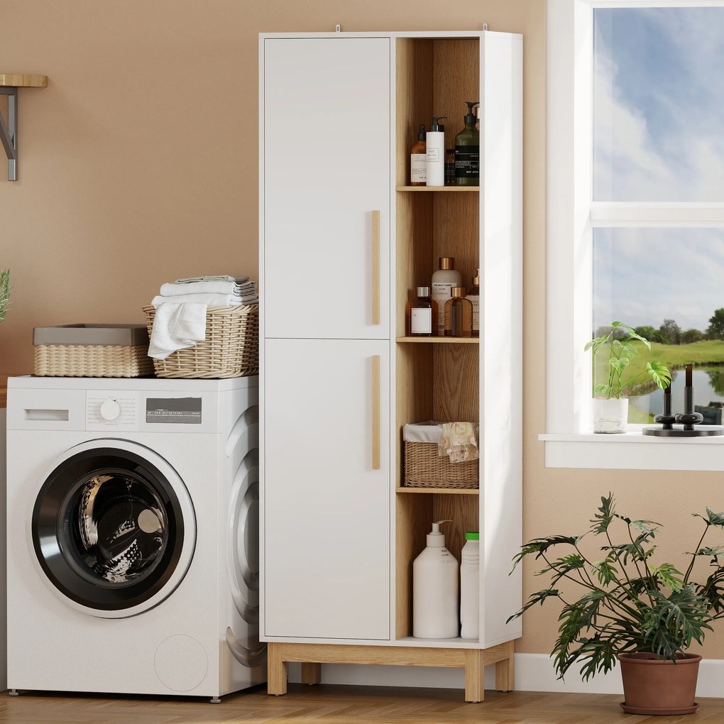 Móvel de casa de banho 62,5 L x 35 P x 176 A cm, móvel de arrumação, 2 portas, 4 compartimentos abertos e prateleiras ajustáveis, branco e natural