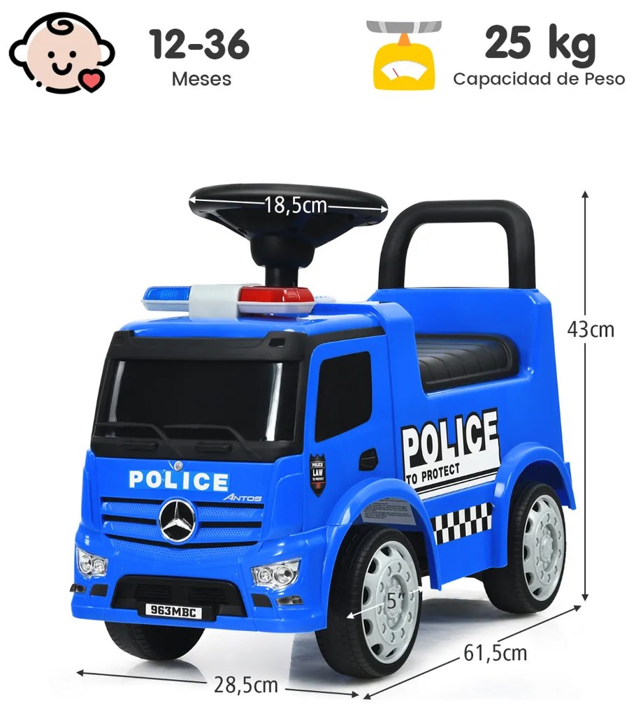 Andador Carro de polícia licenciado da Mercedes Benz para crianças com espaço de arrumação Encosto seguro Volante Utilização no interior e no exterior