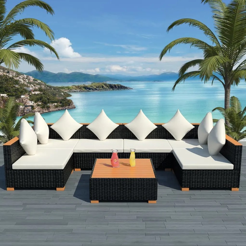 vidaXL 7 pcs conjunto lounge de jardim c/ almofadões vime PE preto