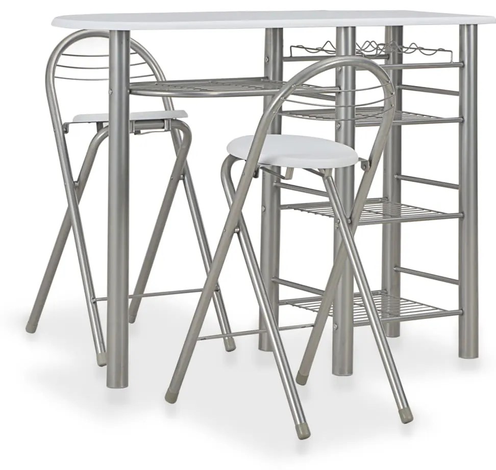 vidaXL 3 pcs conjunto de bar com prateleiras de madeira e aço branco