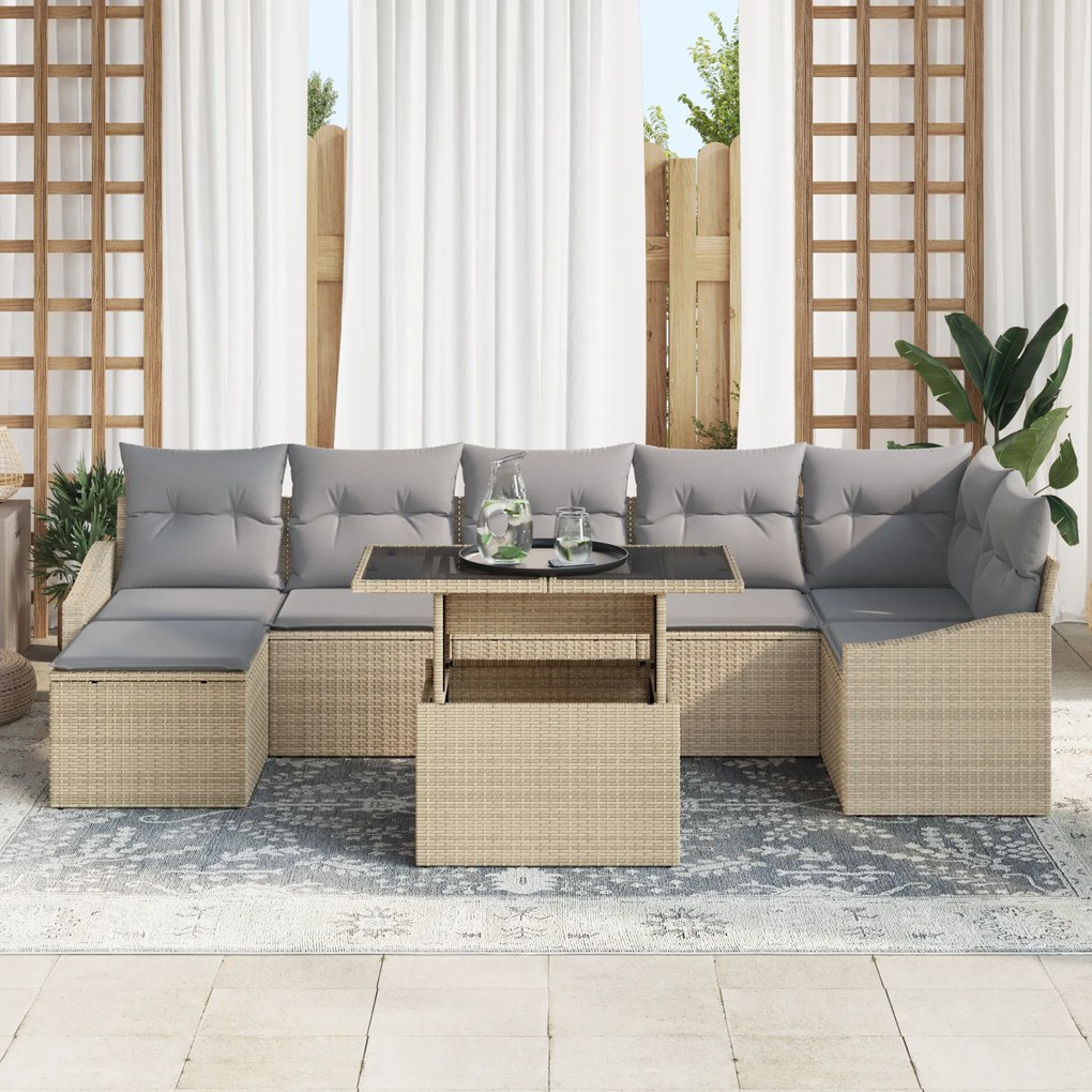 Conjunto de Sofá de Jardim de 8 Peças com Almofadas Bege em Rattan