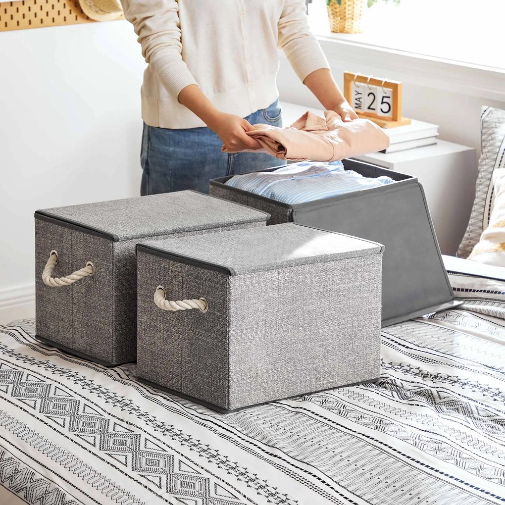 conjunto de 3 Caixas arrumação : 38 x 25 x 25 cm de tecido com tampa cinzentas