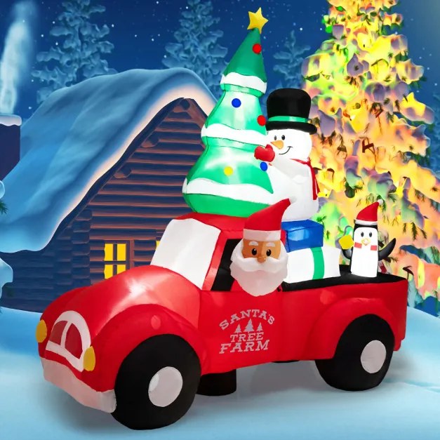 Pai Natal insuflável conduzindo um carro com LED e ventilador Decoração de Natal insuflável para uso interno e externo