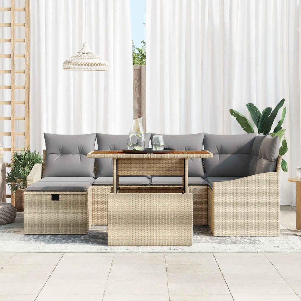 Conjunto de Sofá de Jardim de 7 Peças com Almofadas Bege de Rattan Pol