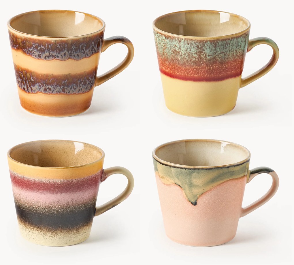 Handmade Ceramic Mugs 70's, Set of 4