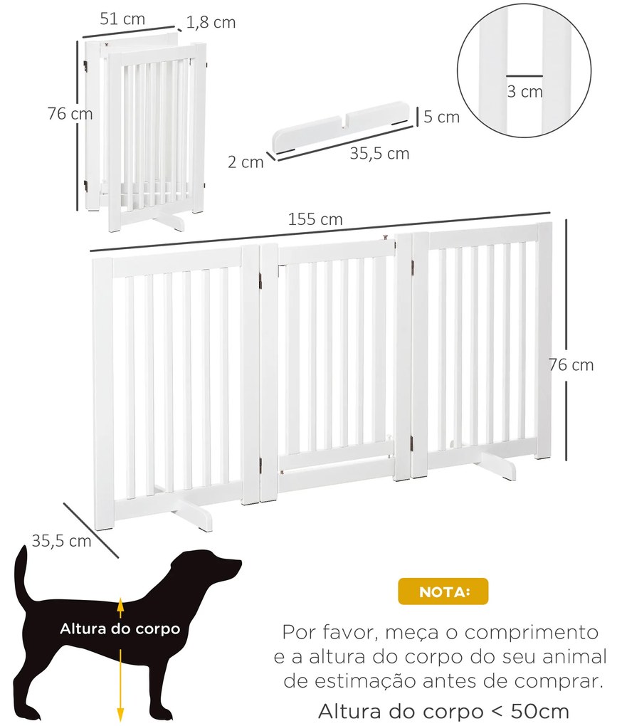 Barreira para Cães de Madeira Barreira para AnimaisDobrável de 3 Painéis com 1 Porta e Pés de Apoio 155x35,5x76 cm Branco