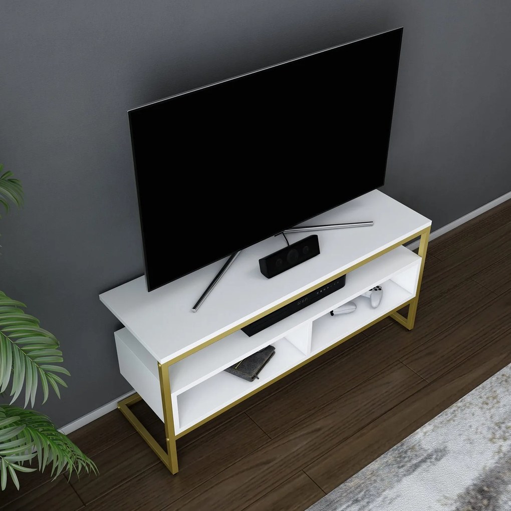 Suporte de TV Merrion – Branco e Dourado – 110 cm x 35 cm x 49,9 cm
