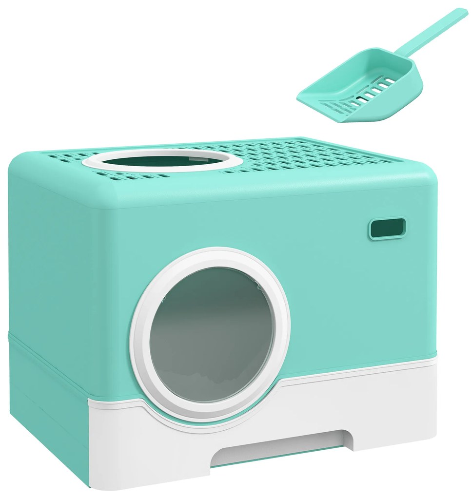 PawHut Caixa de Areia para Gatos com Pá Bandeja Removível 2 Portas Entrada Frontal e Saída Superior 52x41x38,5 cm Verde